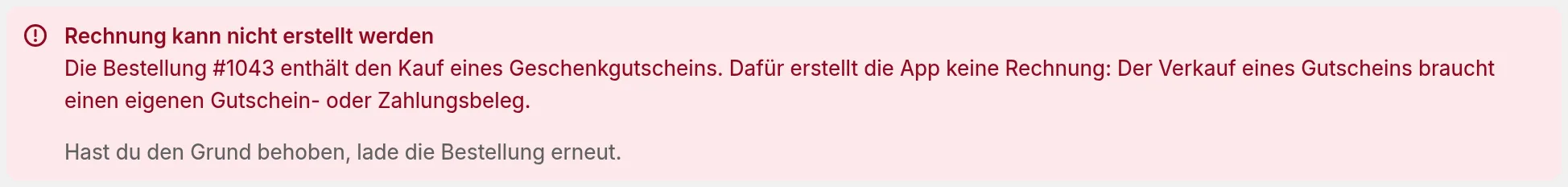 Hinweis, dass die Rechnung für eine Bestellung mit Geschenkgutschein nicht erstellt wird