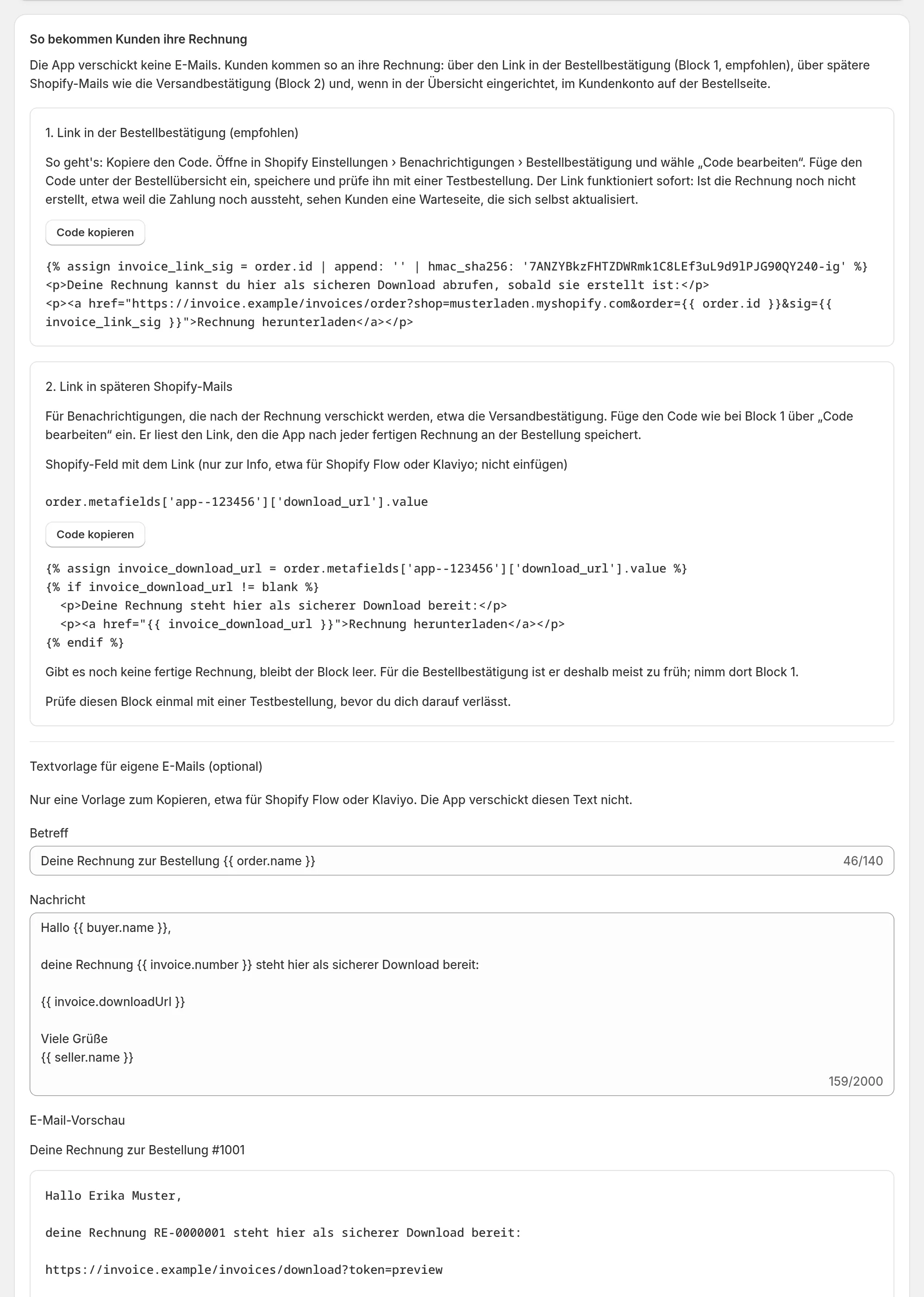 Vorlagen-Seite mit den Code-Blöcken für den Rechnungslink in Shopify-Benachrichtigungen