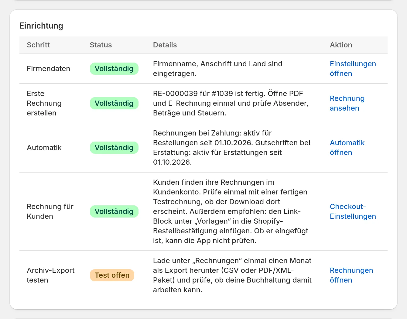 Übersicht der App mit den Einrichtungsschritten Firmendaten, Erste Rechnung erstellen, Automatik, Rechnung für Kunden und Archiv-Export testen