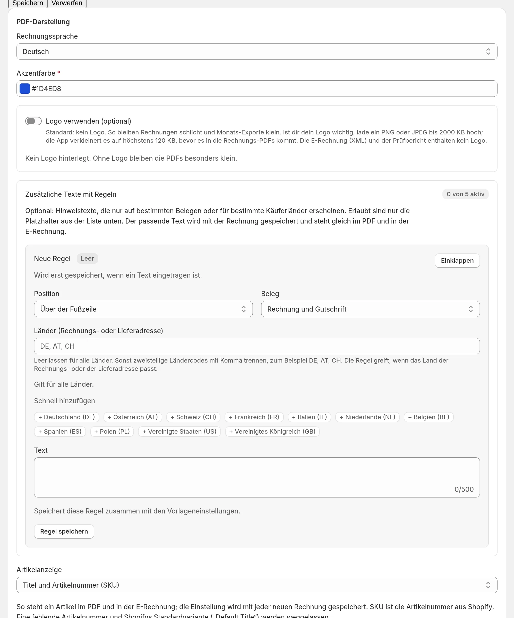 Vorlagen-Seite mit Rechnungssprache, Akzentfarbe, Logo und Zusatztexten mit Regeln