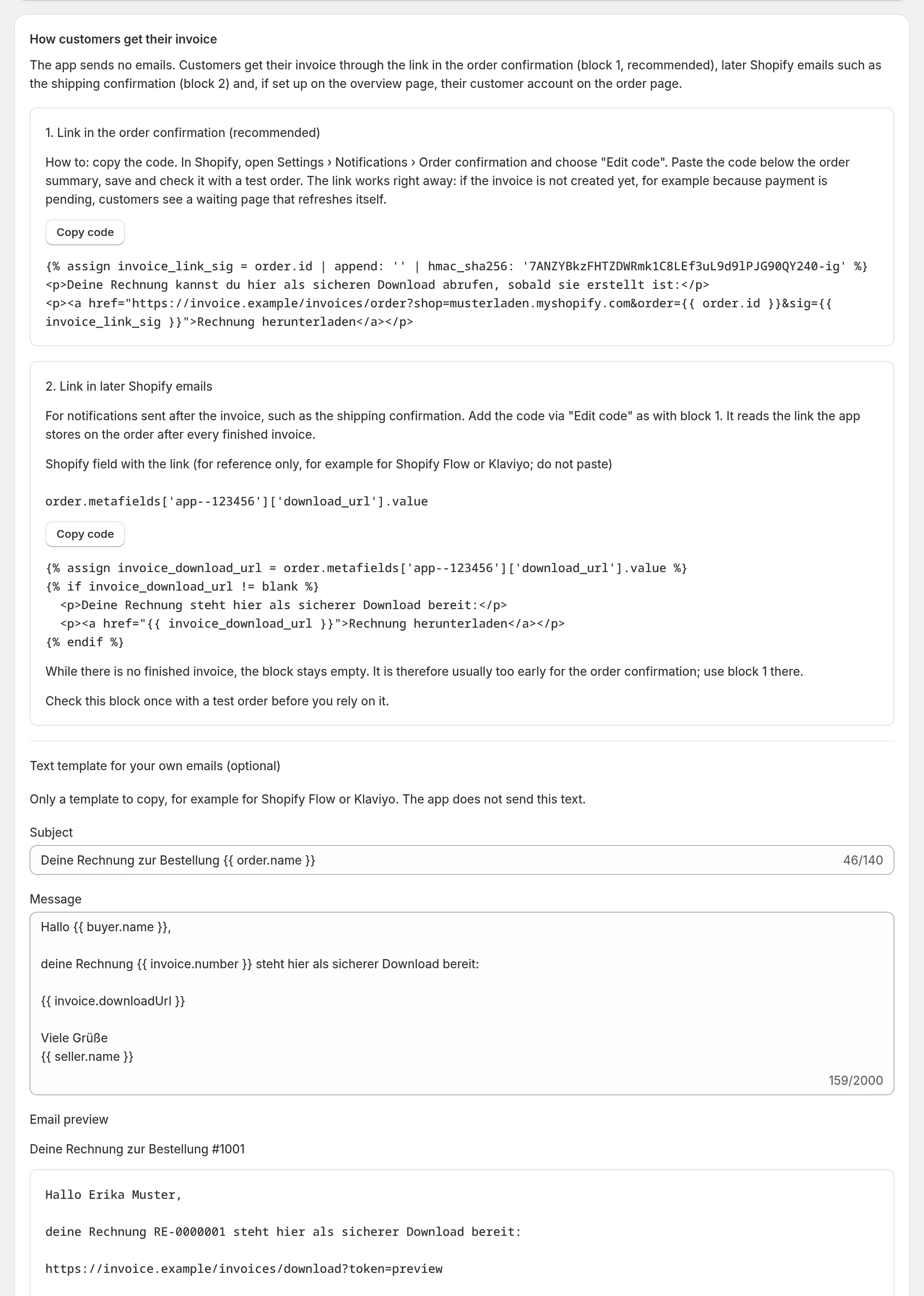 Templates page with the code blocks for the invoice link in Shopify notifications