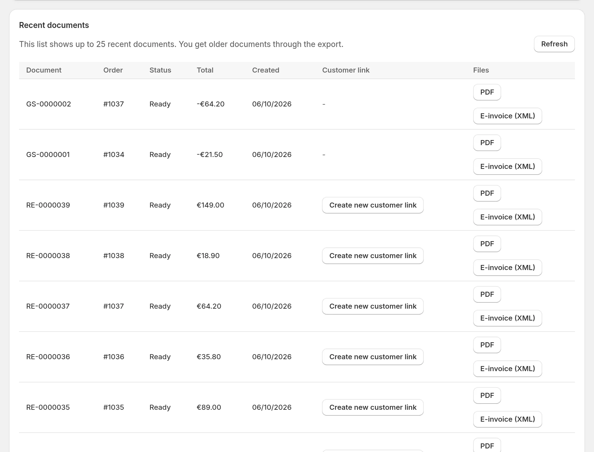 List of recent documents with PDF, e-invoice and the action Create new customer link