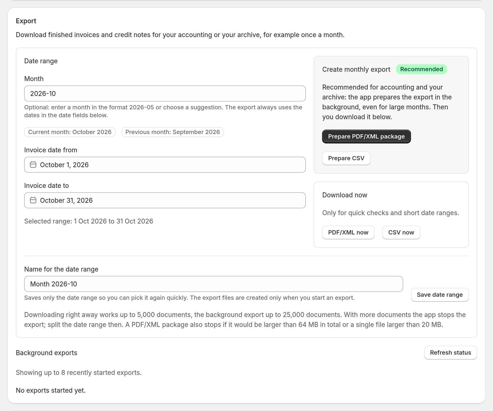 Export section with month selection, PDF/XML package, CSV and instant download