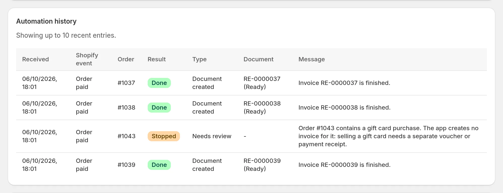 Automation history with finished and held orders