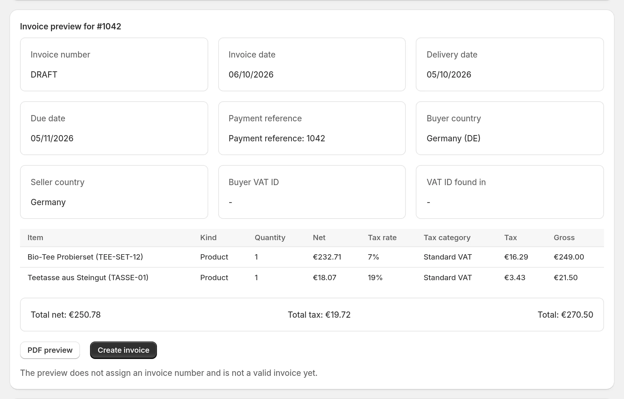 Invoice preview in the app