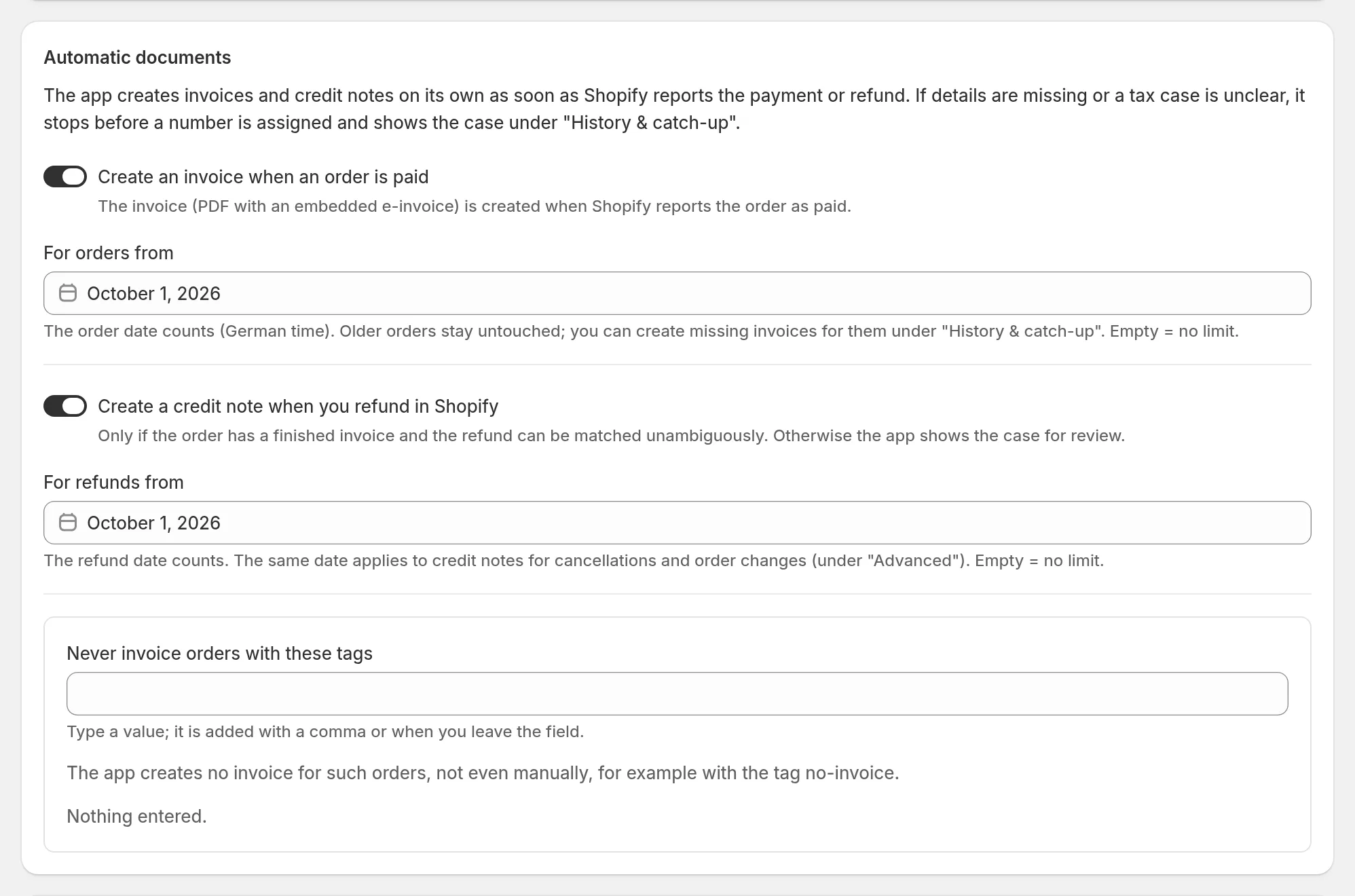 Settings section Automatic documents with invoice on payment, start date, credit note on refund and excluded tags