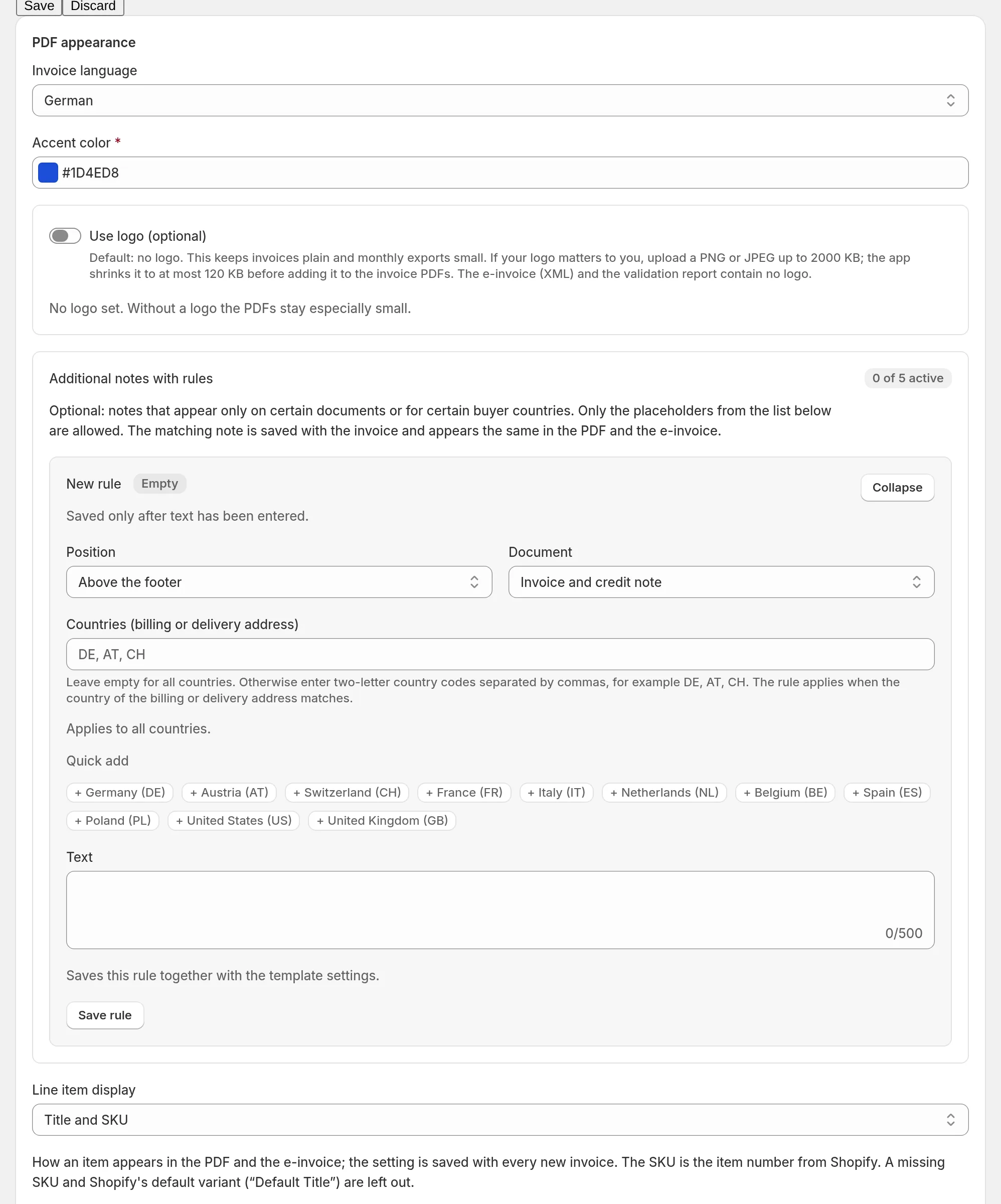Templates page with invoice language, accent color, logo and rule-based notes